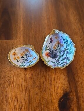 Hand-Painted Decopaged Floral Shells . Set Of 2